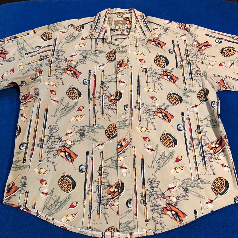 Mens Natural Issue Fishing Graphic Button Green Short Sleeve Pocket Shirt XL